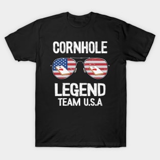 Cornhole Legend Team U.S.A American Flag Sunglasses Bean Bag T-Shirt